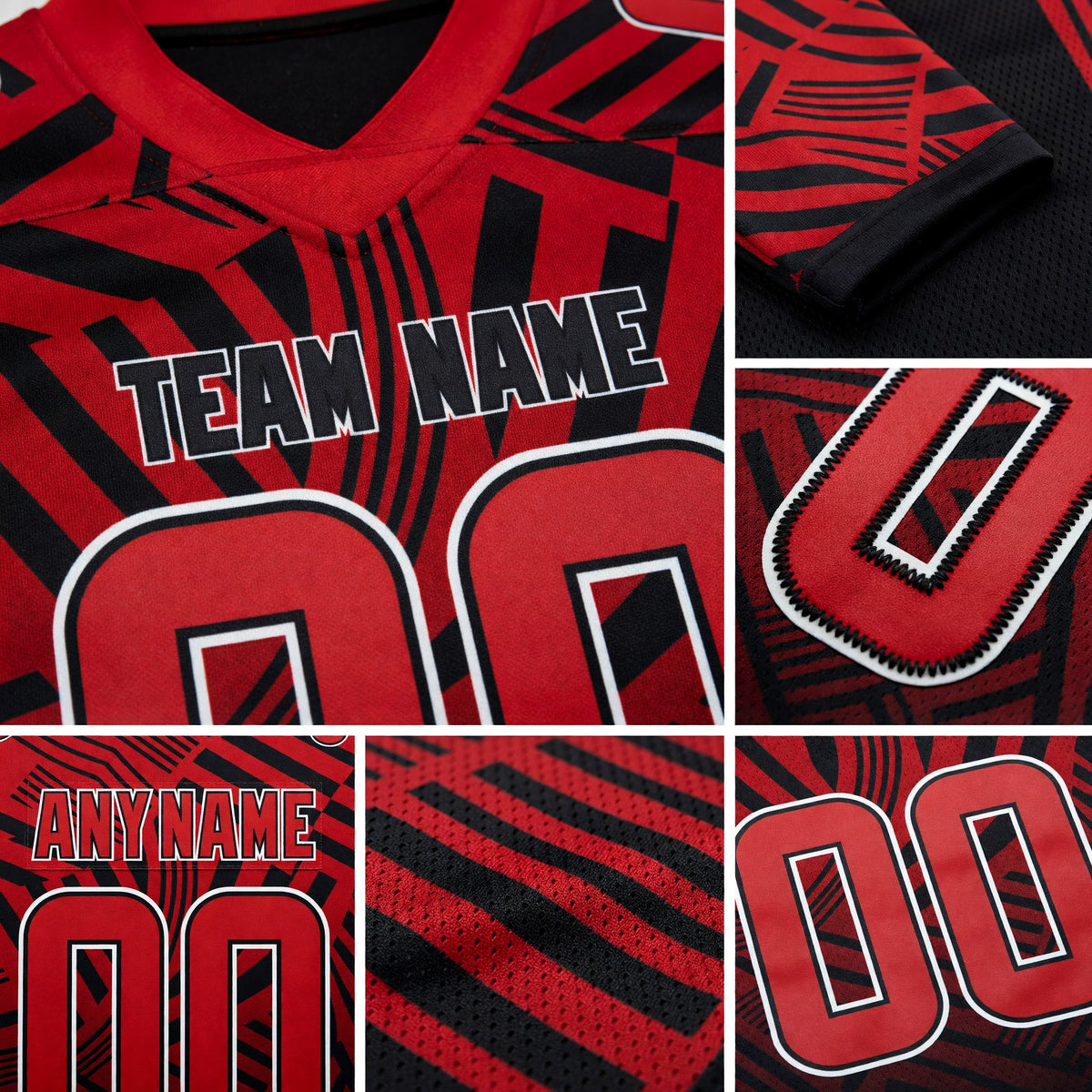 Custom Red Black-White Authentic Abstract Geometric Lines Gradient Football Jersey detail