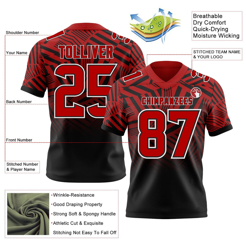 Custom Red Black-White Authentic Abstract Geometric Lines Gradient Football Jersey photo 2