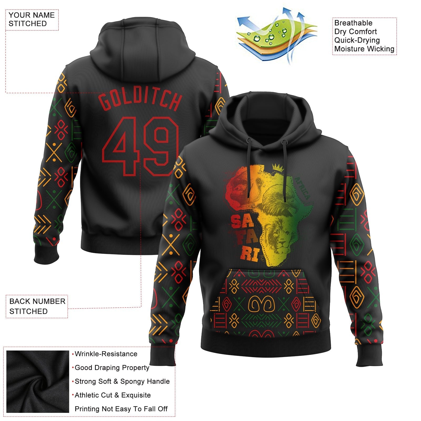 Custom Stitched Black Red 3D Pattern Design Black History Month Africa Safari Sports Pullover Sweatshirt Hoodie photo 2
