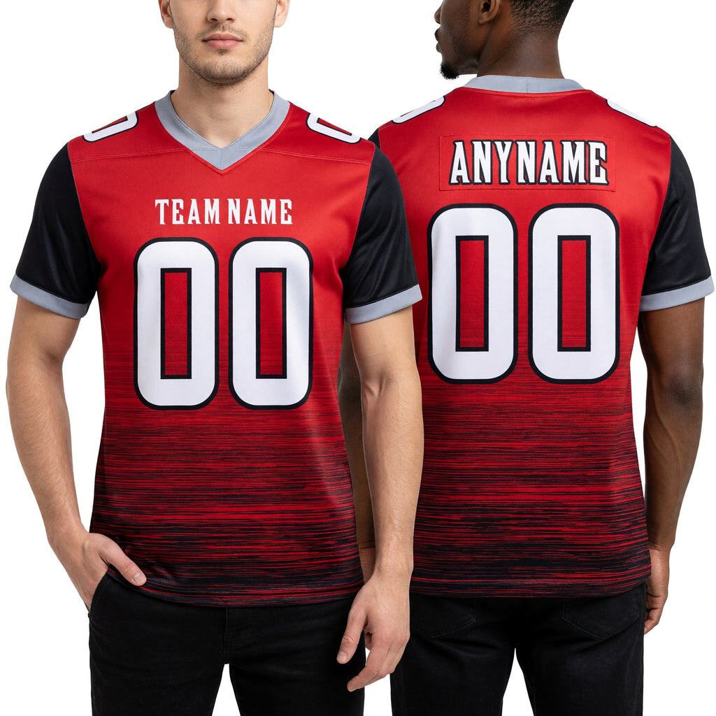 Custom Red White Black-Gray Authentic Fluid Scratch Waves Football Jersey worn front and back