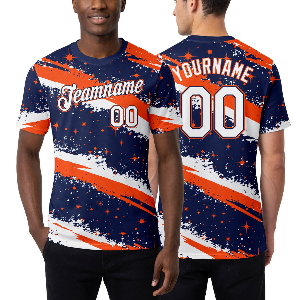 Custom Navy White-Orange Brush Stroke Splatter Starburst Performance T-Shirt worn front and back
