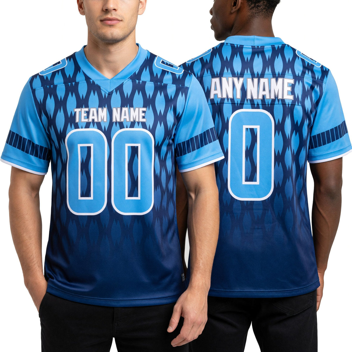 Custom Royal Light Blue-White Authentic Geometric Pixel Grid Fade Football Jersey worn front and back
