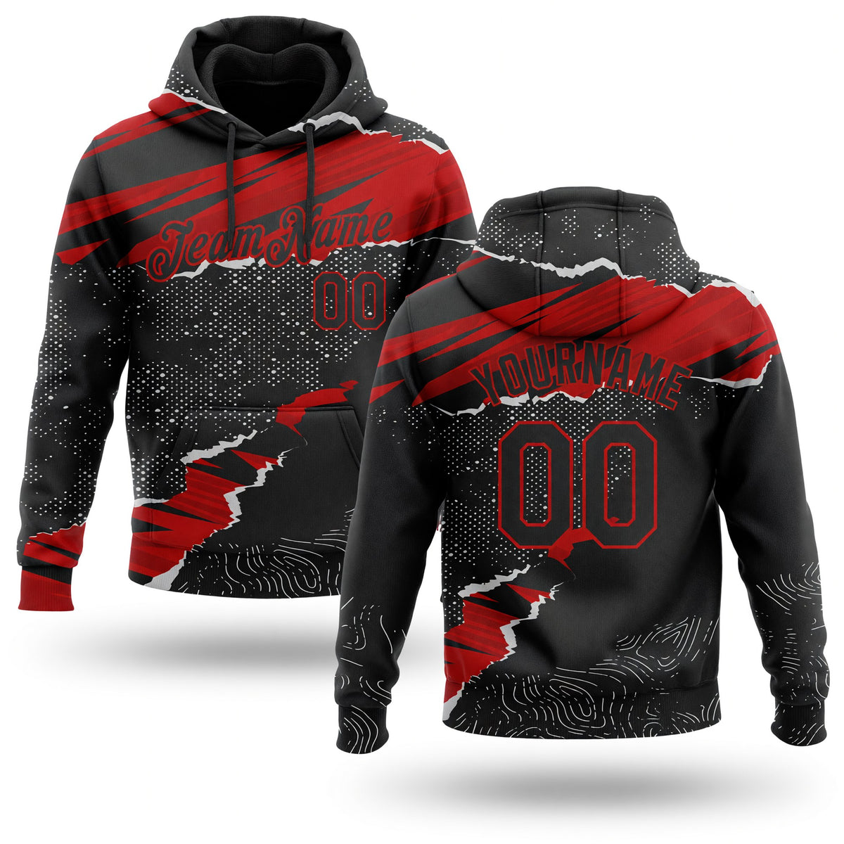 Custom Stitched Black Red 3D Pattern Design Torn Paper Style Sports Pullover Sweatshirt Hoodie