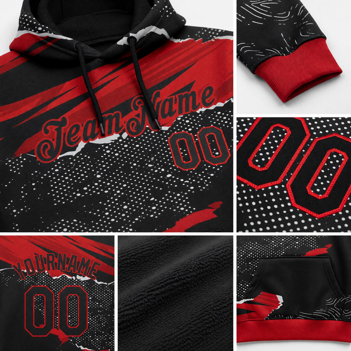 Custom Stitched Black Red 3D Pattern Design Torn Paper Style Sports Pullover Sweatshirt Hoodie detail