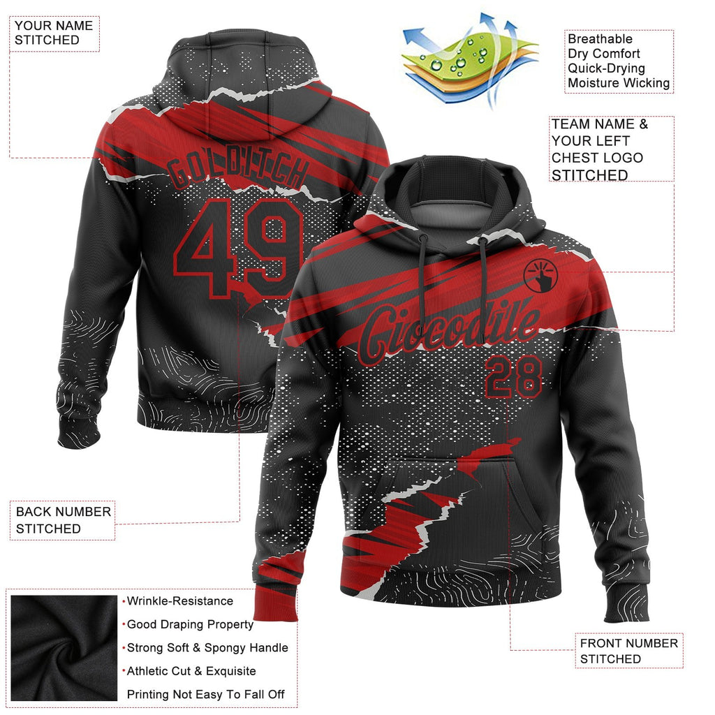 Custom Stitched Black Red 3D Pattern Design Torn Paper Style Sports Pullover Sweatshirt Hoodie photo 3