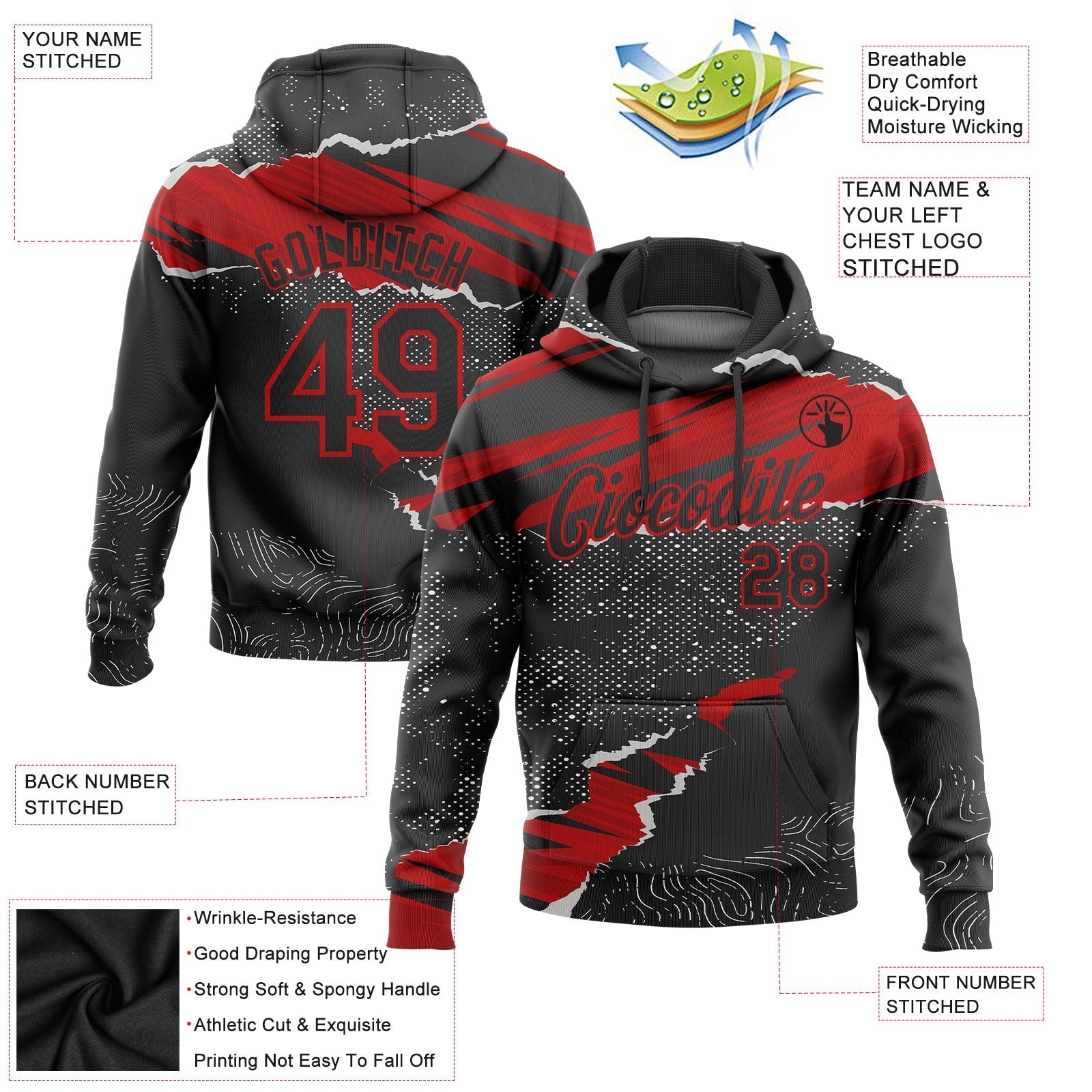 Custom Stitched Black Red 3D Pattern Design Torn Paper Style Sports Pullover Sweatshirt Hoodie photo 3