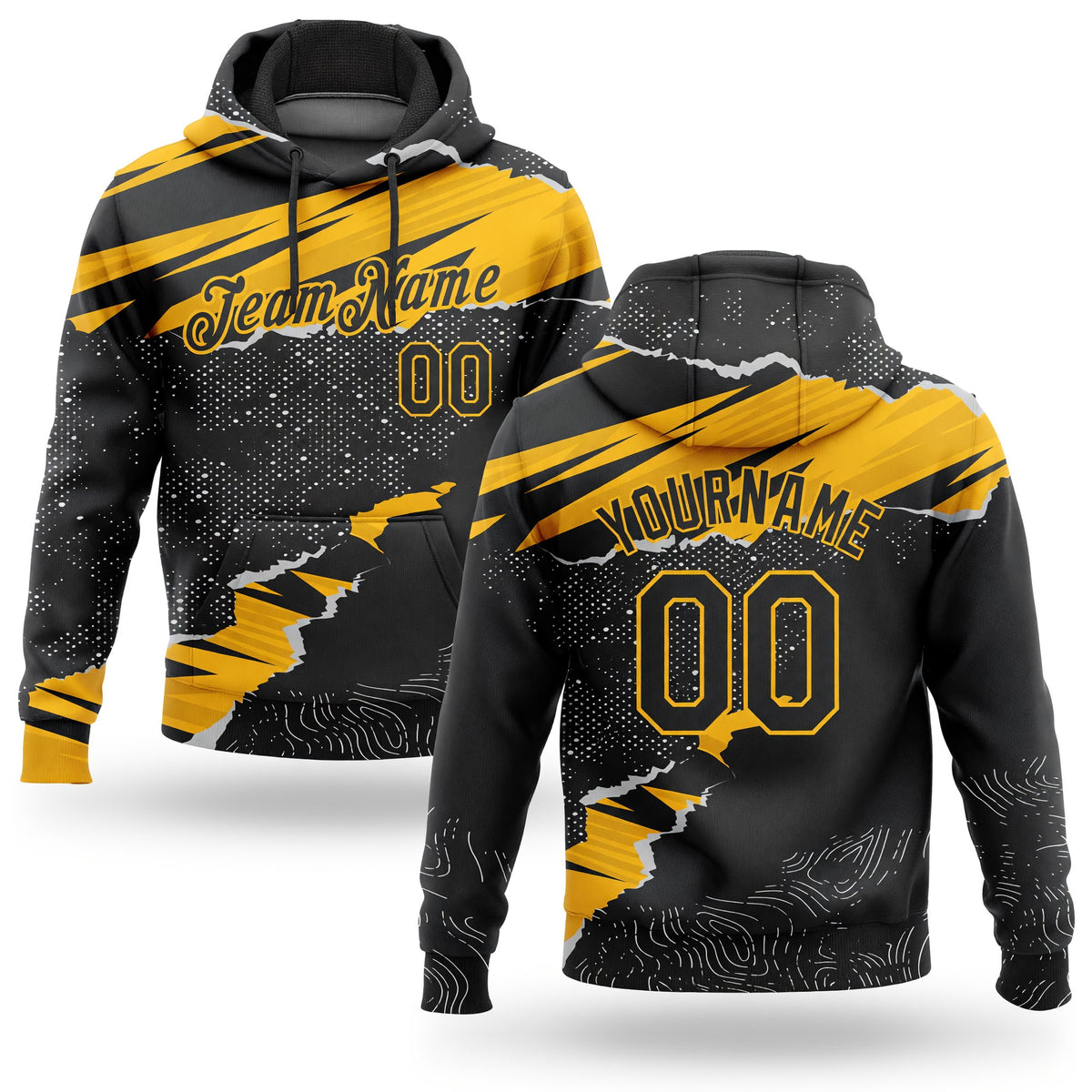 Custom Stitched Black Gold 3D Pattern Design Torn Paper Style Sports Pullover Sweatshirt Hoodie