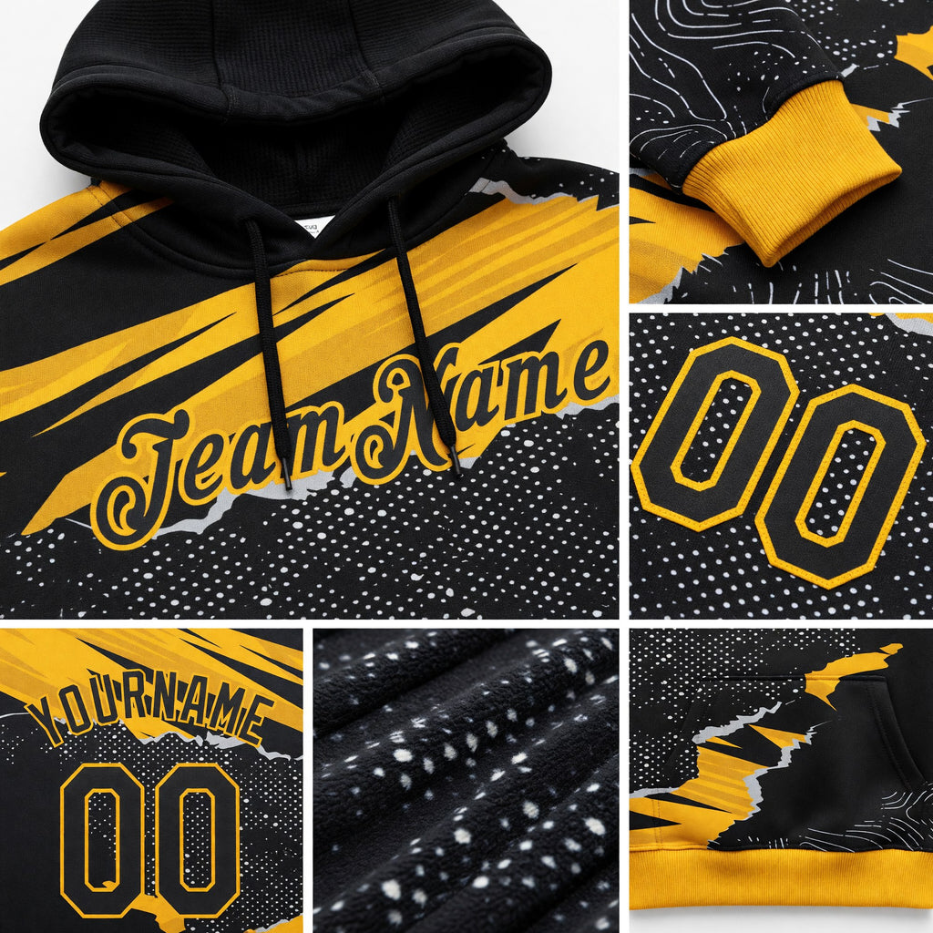 Custom Stitched Black Gold 3D Pattern Design Torn Paper Style Sports Pullover Sweatshirt Hoodie detail