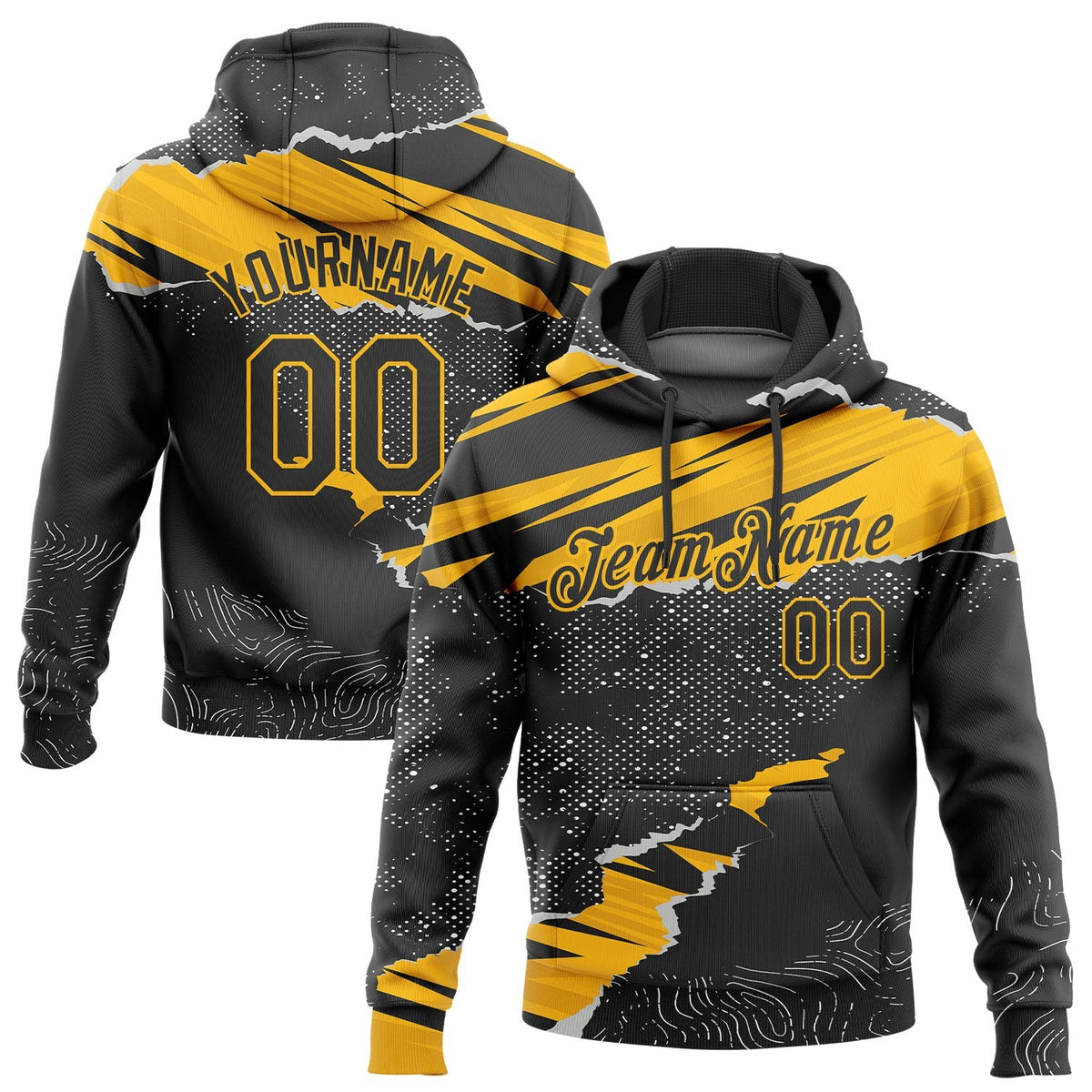 Custom Stitched Black Gold 3D Pattern Design Torn Paper Style Sports Pullover Sweatshirt Hoodie photo 1