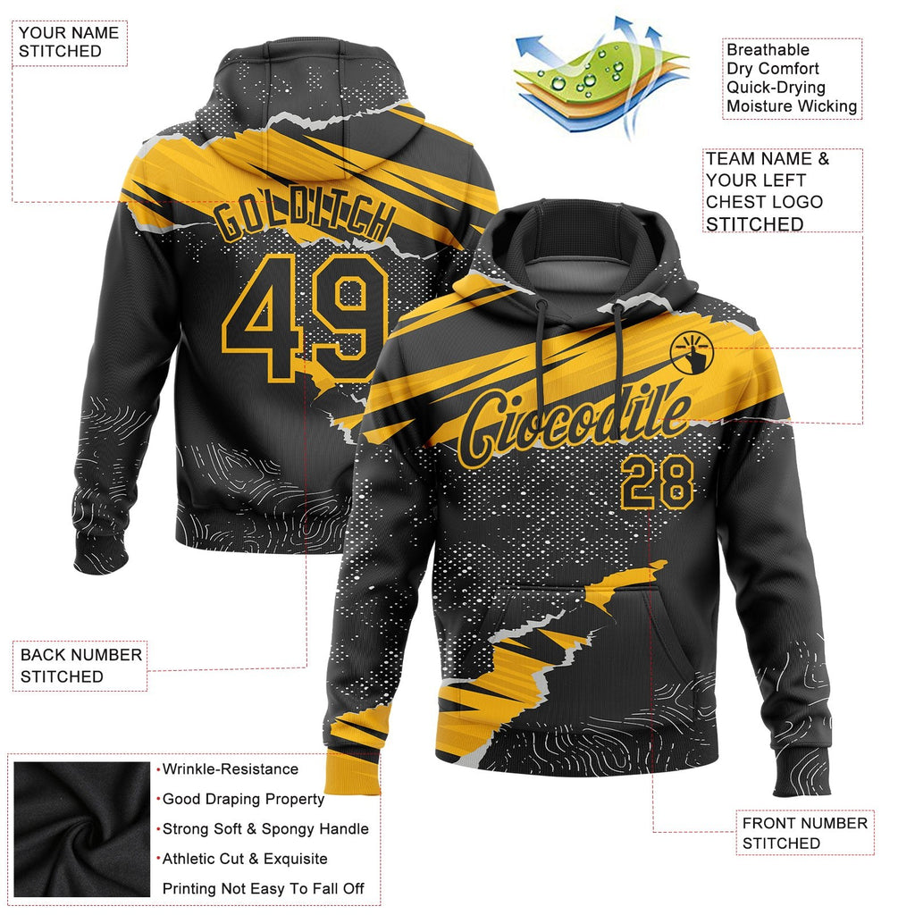 Custom Stitched Black Gold 3D Pattern Design Torn Paper Style Sports Pullover Sweatshirt Hoodie photo 2