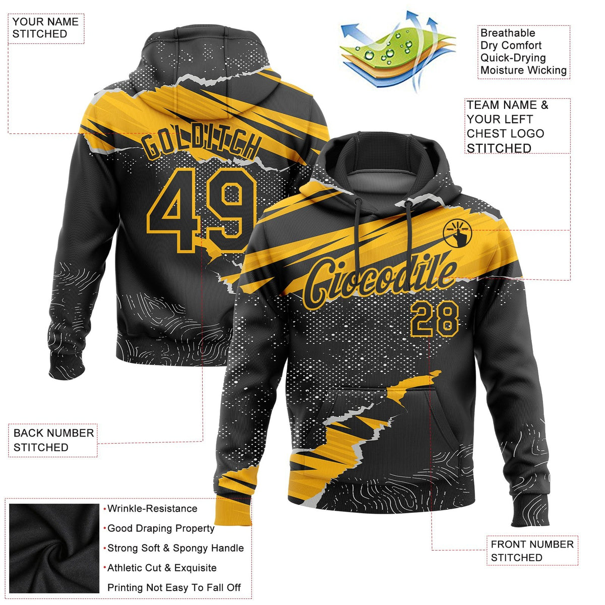 Custom Stitched Black Gold 3D Pattern Design Torn Paper Style Sports Pullover Sweatshirt Hoodie photo 2