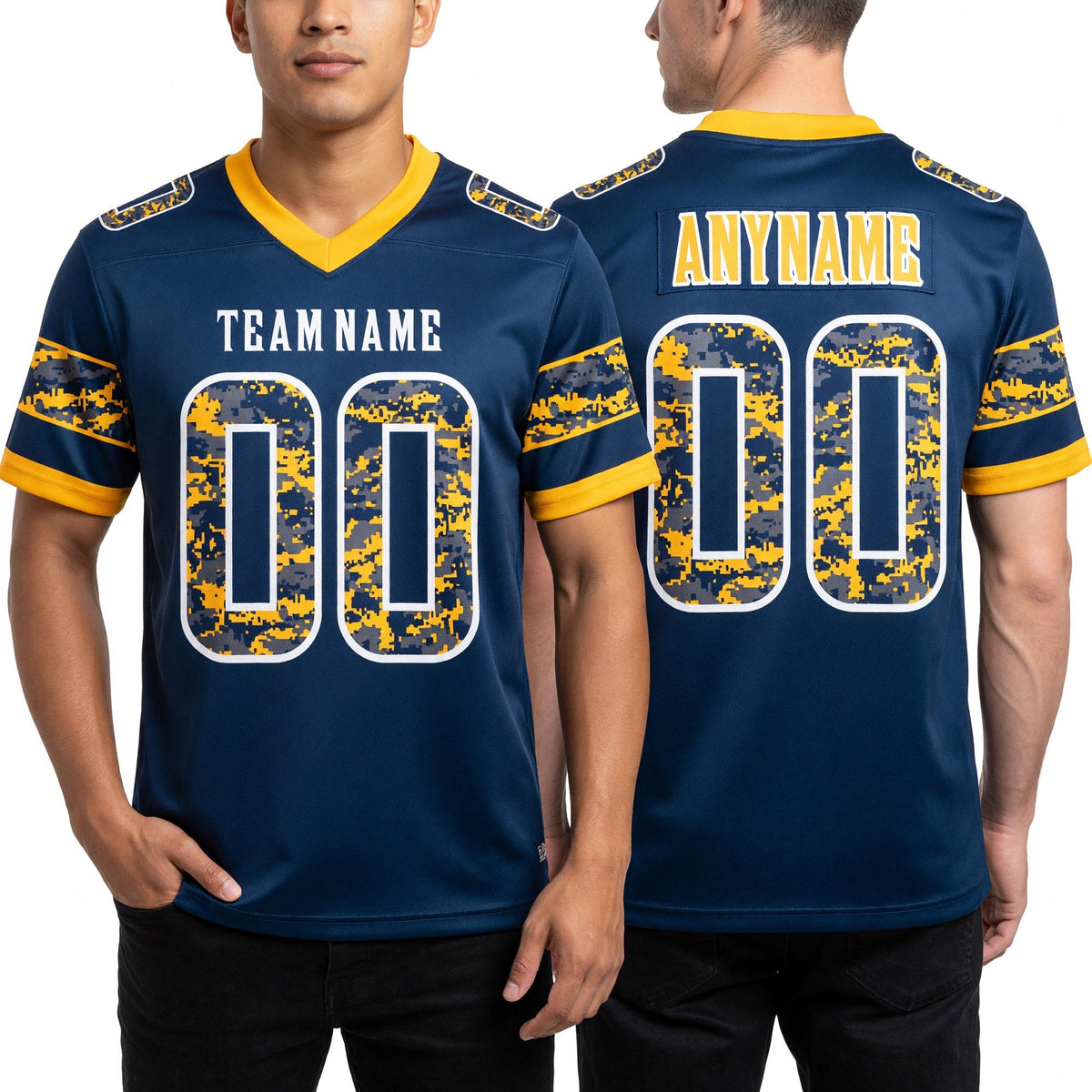 Custom Navy Camo White-Gold Authentic Digital Camouflage Panel Football Jersey worn front and back