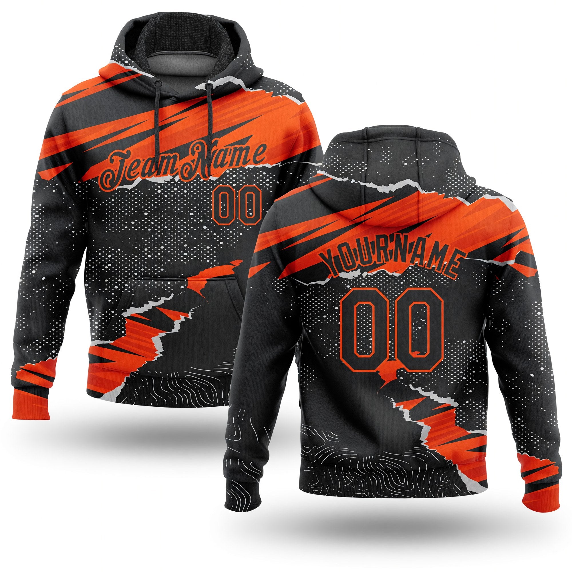 Custom Stitched Black Orange 3D Pattern Design Torn Paper Style Sports Pullover Sweatshirt Hoodie