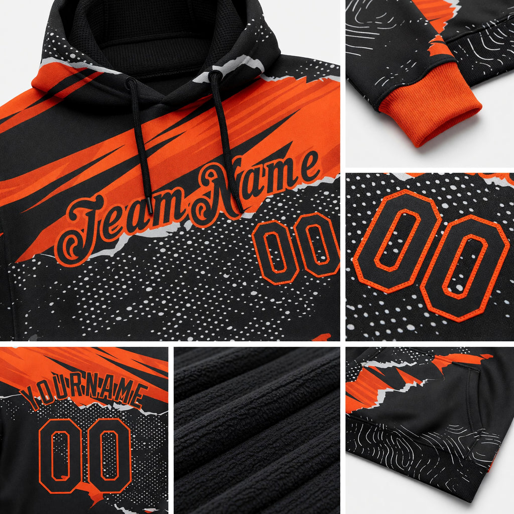 Custom Stitched Black Orange 3D Pattern Design Torn Paper Style Sports Pullover Sweatshirt Hoodie detail
