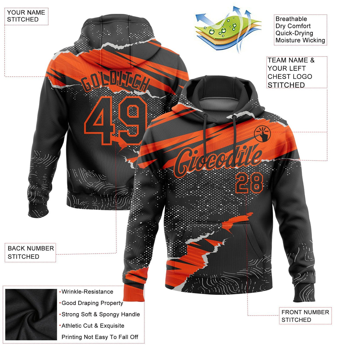 Custom Stitched Black Orange 3D Pattern Design Torn Paper Style Sports Pullover Sweatshirt Hoodie photo 2