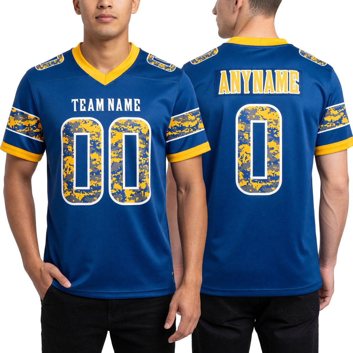 Custom Royal Camo White-Gold Authentic Digital Camouflage Panel Football Jersey worn front and back