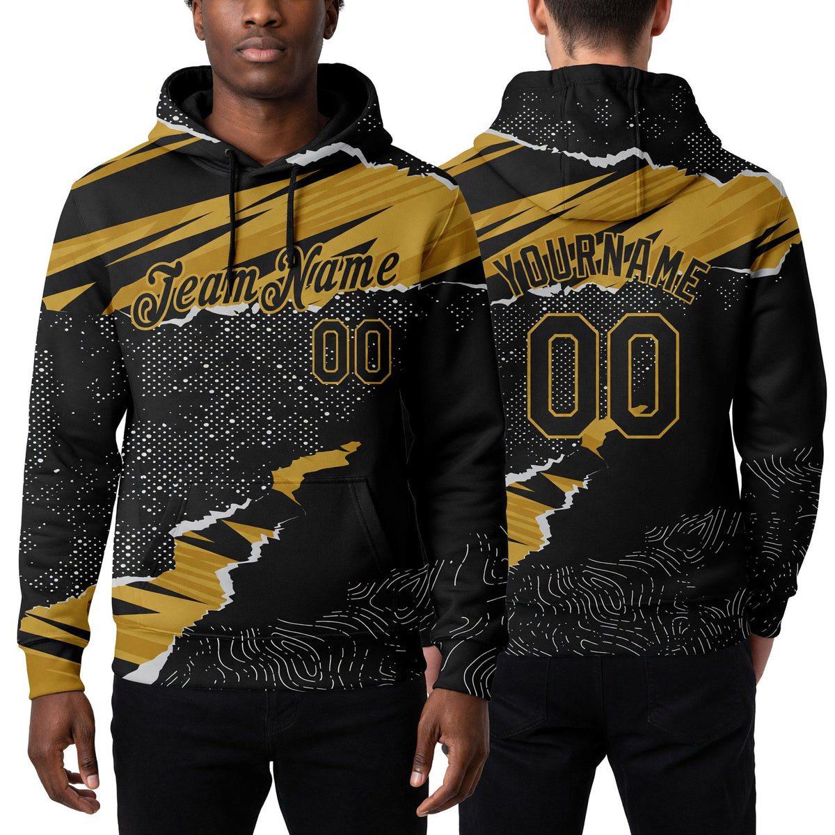 Custom Stitched Black Old Gold 3D Pattern Design Torn Paper Style Sports Pullover Sweatshirt Hoodie worn front and back
