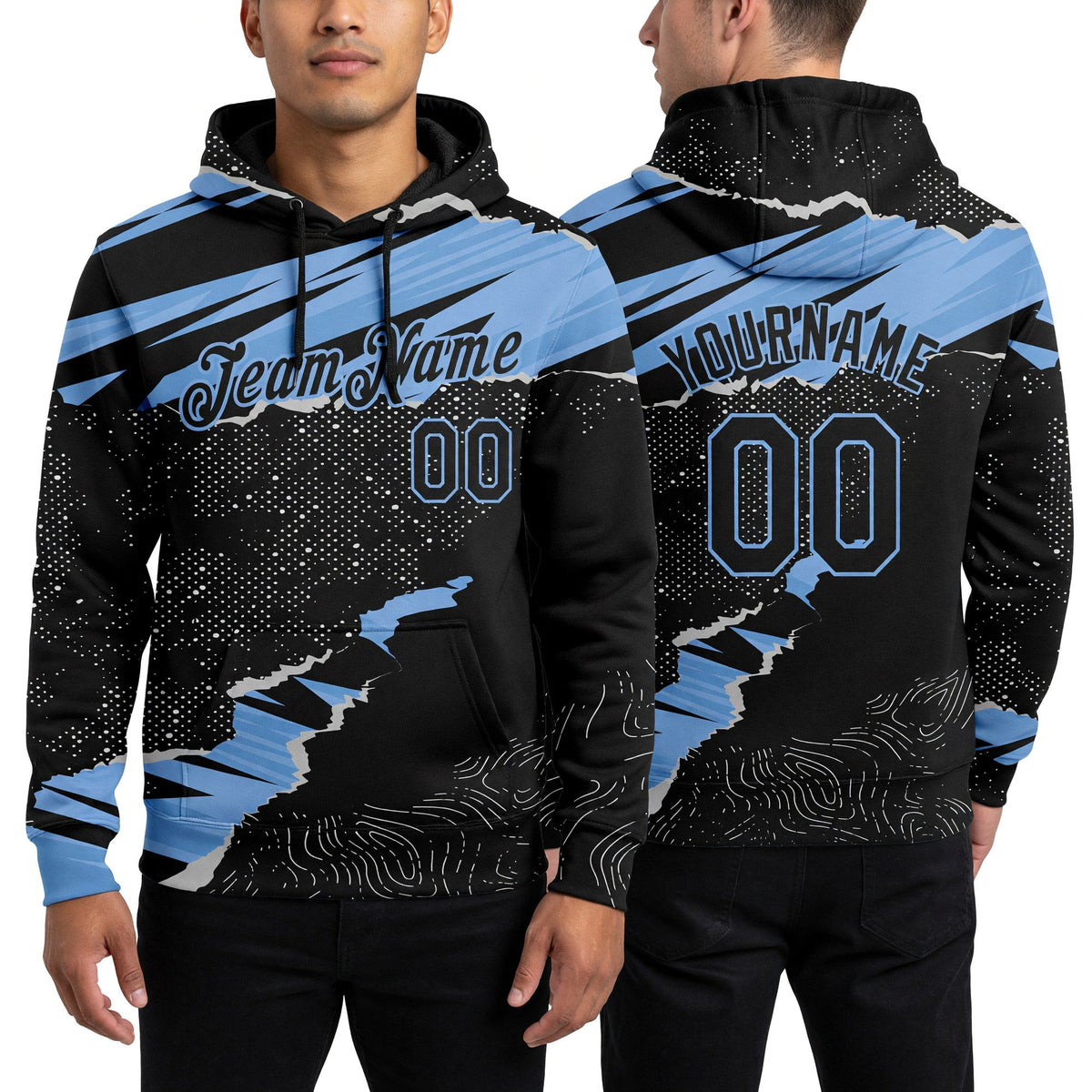 Custom Stitched Black Light Blue 3D Pattern Design Torn Paper Style Sports Pullover Sweatshirt Hoodie worn front and back