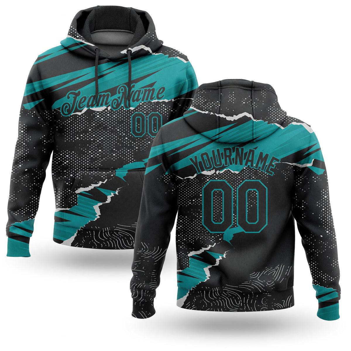 Custom Stitched Black Teal 3D Pattern Design Torn Paper Style Sports Pullover Sweatshirt Hoodie