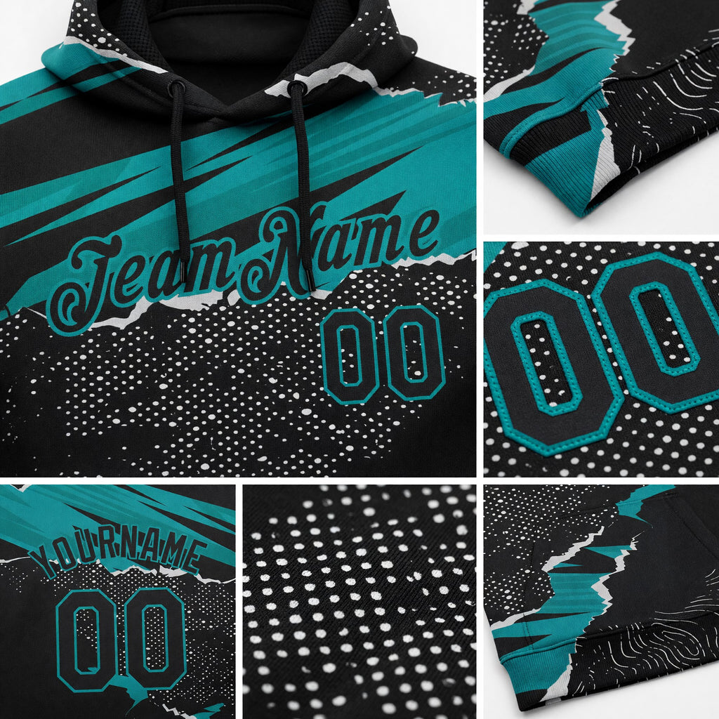 Custom Stitched Black Teal 3D Pattern Design Torn Paper Style Sports Pullover Sweatshirt Hoodie detail