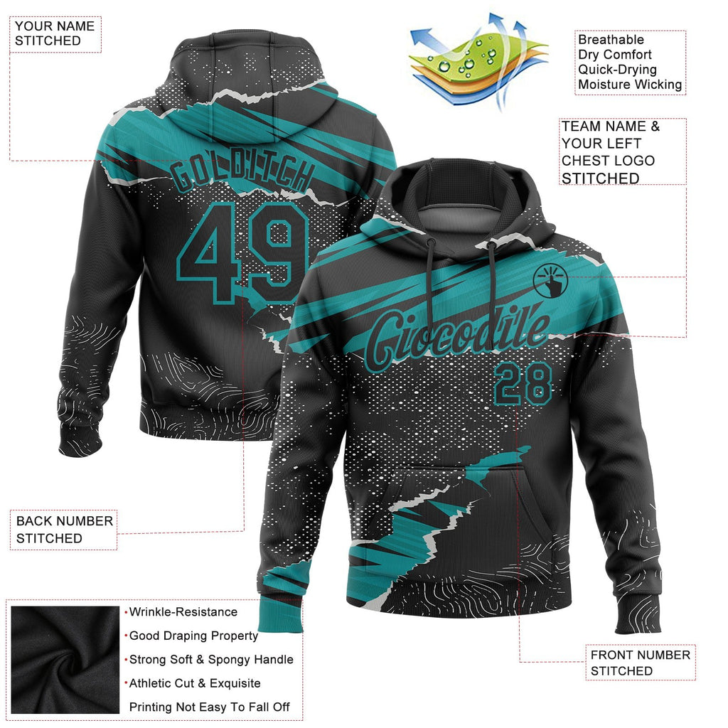 Custom Stitched Black Teal 3D Pattern Design Torn Paper Style Sports Pullover Sweatshirt Hoodie photo 2