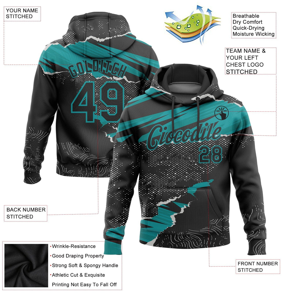 Custom Stitched Black Teal 3D Pattern Design Torn Paper Style Sports Pullover Sweatshirt Hoodie photo 2