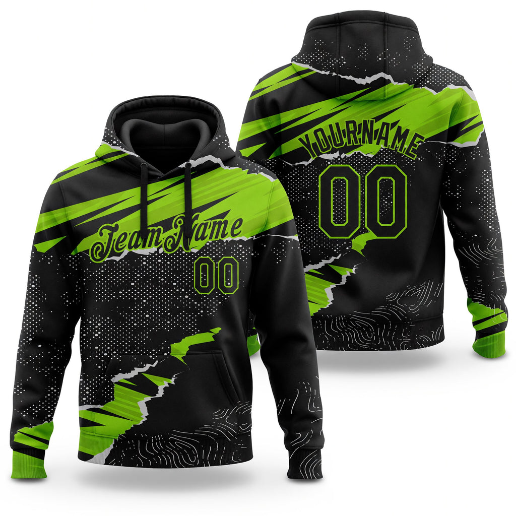 Custom Stitched Black Neon Green 3D Pattern Design Torn Paper Style Sports Pullover Sweatshirt Hoodie