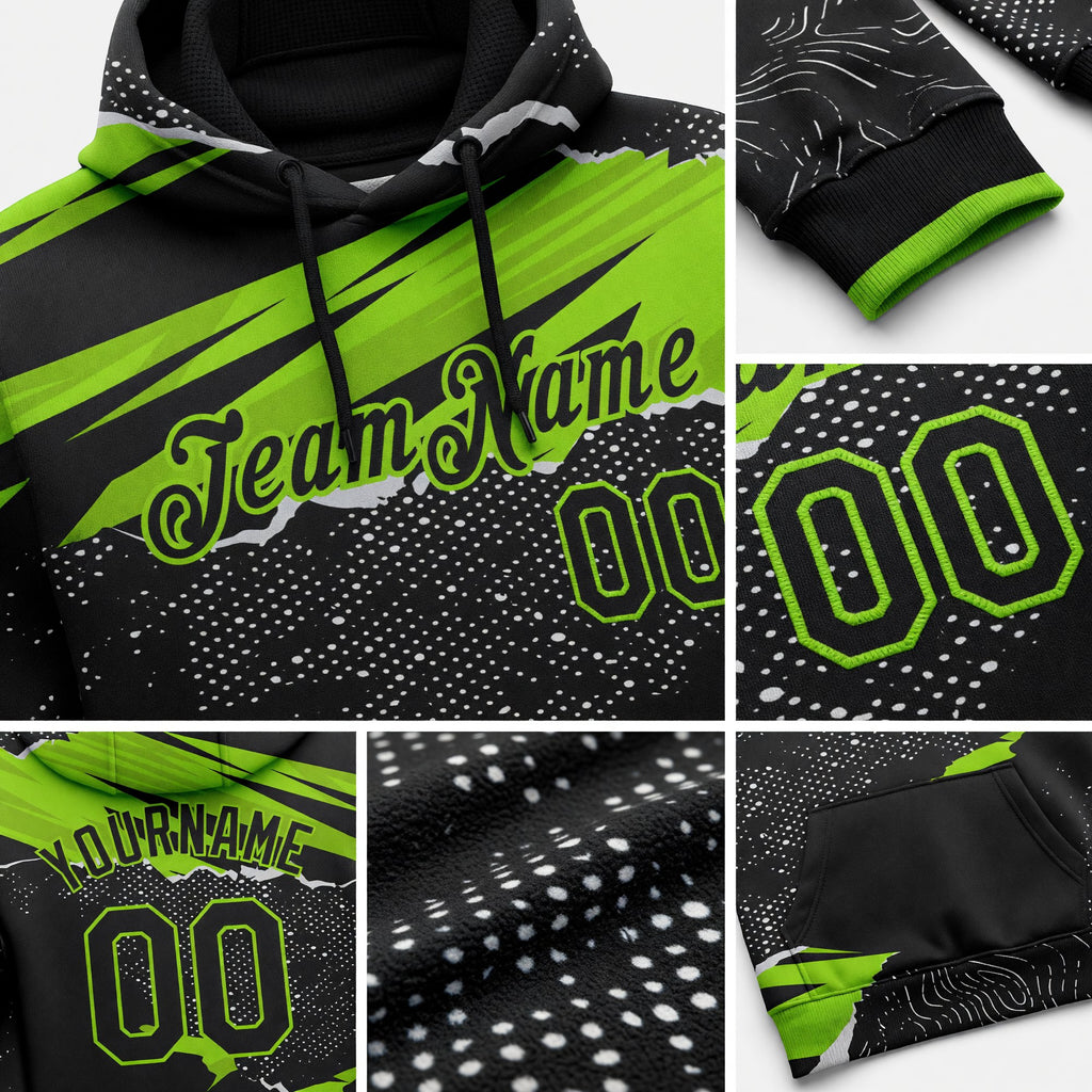 Custom Stitched Black Neon Green 3D Pattern Design Torn Paper Style Sports Pullover Sweatshirt Hoodie detail
