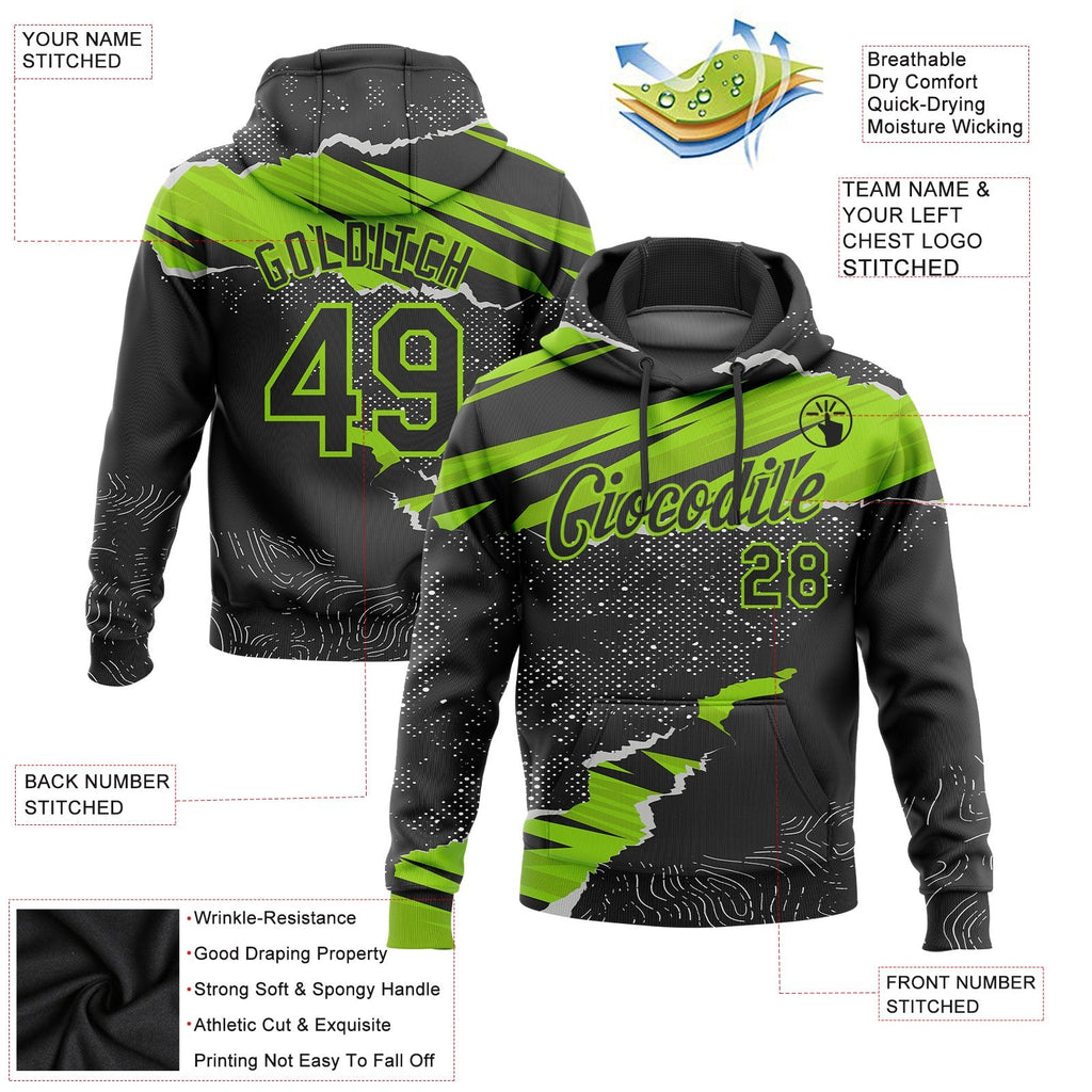 Custom Stitched Black Neon Green 3D Pattern Design Torn Paper Style Sports Pullover Sweatshirt Hoodie photo 2