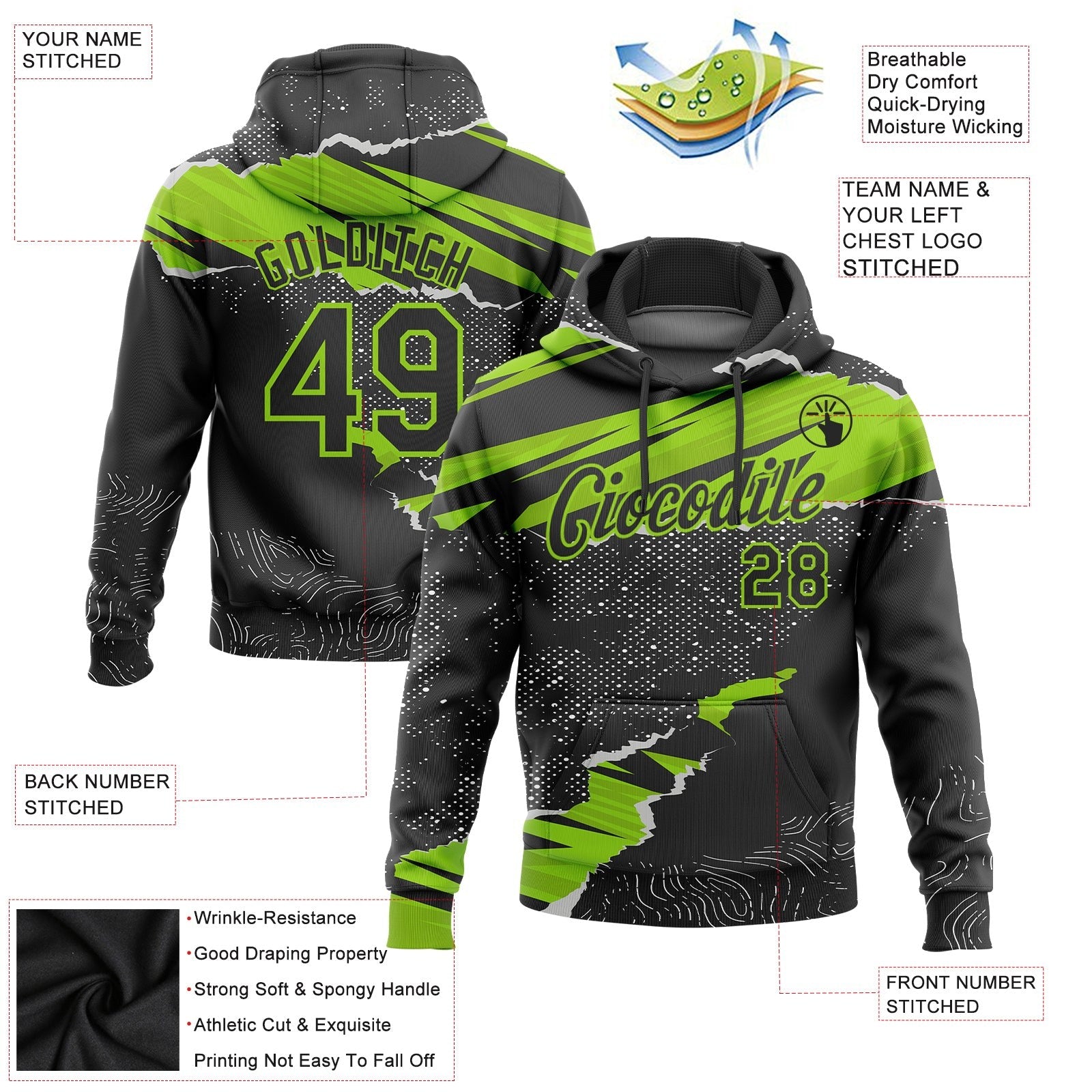 Custom Stitched Black Neon Green 3D Pattern Design Torn Paper Style Sports Pullover Sweatshirt Hoodie photo 2