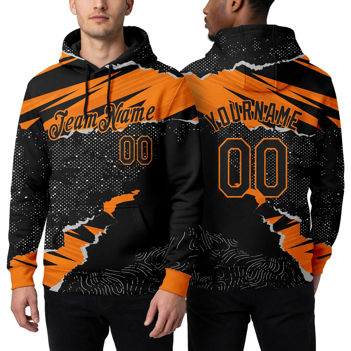Custom Stitched Black Bay Orange 3D Pattern Design Torn Paper Style Sports Pullover Sweatshirt Hoodie worn front and back