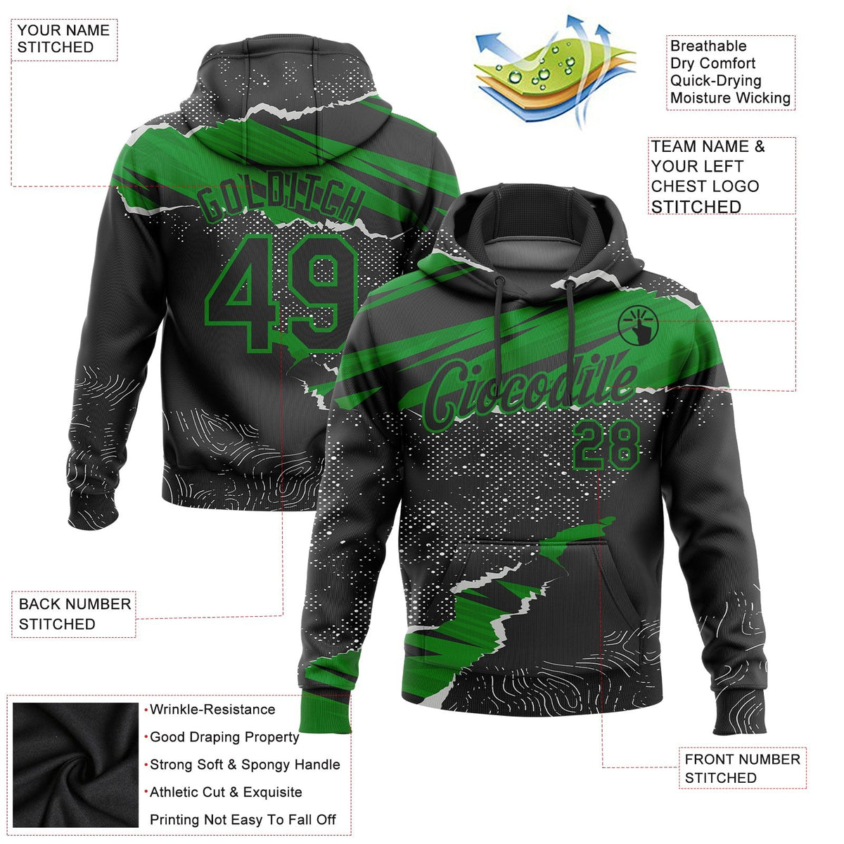 Custom Stitched Black Grass Green 3D Pattern Design Torn Paper Style Sports Pullover Sweatshirt Hoodie photo 2