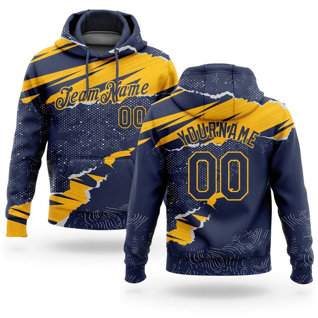 Custom Stitched Navy Gold 3D Pattern Design Torn Paper Style Sports Pullover Sweatshirt Hoodie