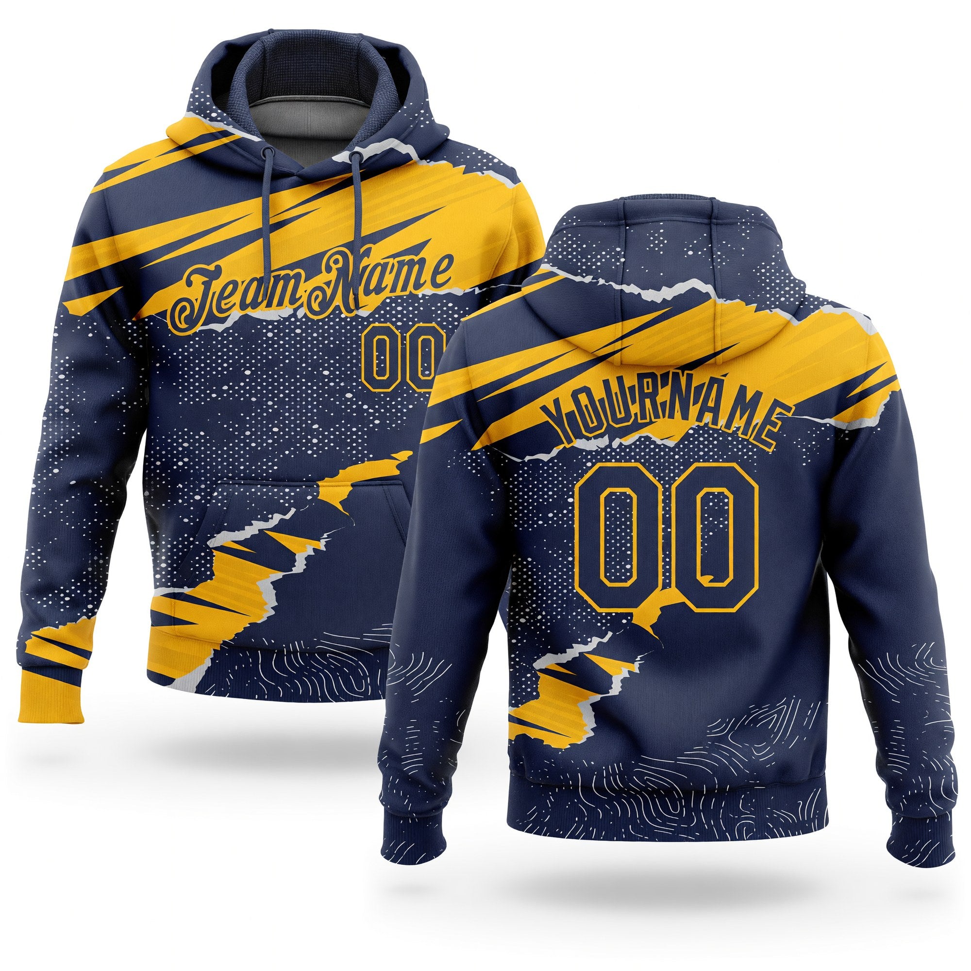 Custom Stitched Navy Gold 3D Pattern Design Torn Paper Style Sports Pullover Sweatshirt Hoodie