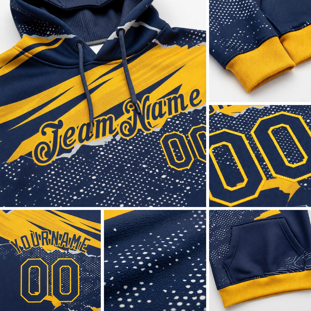 Custom Stitched Navy Gold 3D Pattern Design Torn Paper Style Sports Pullover Sweatshirt Hoodie detail