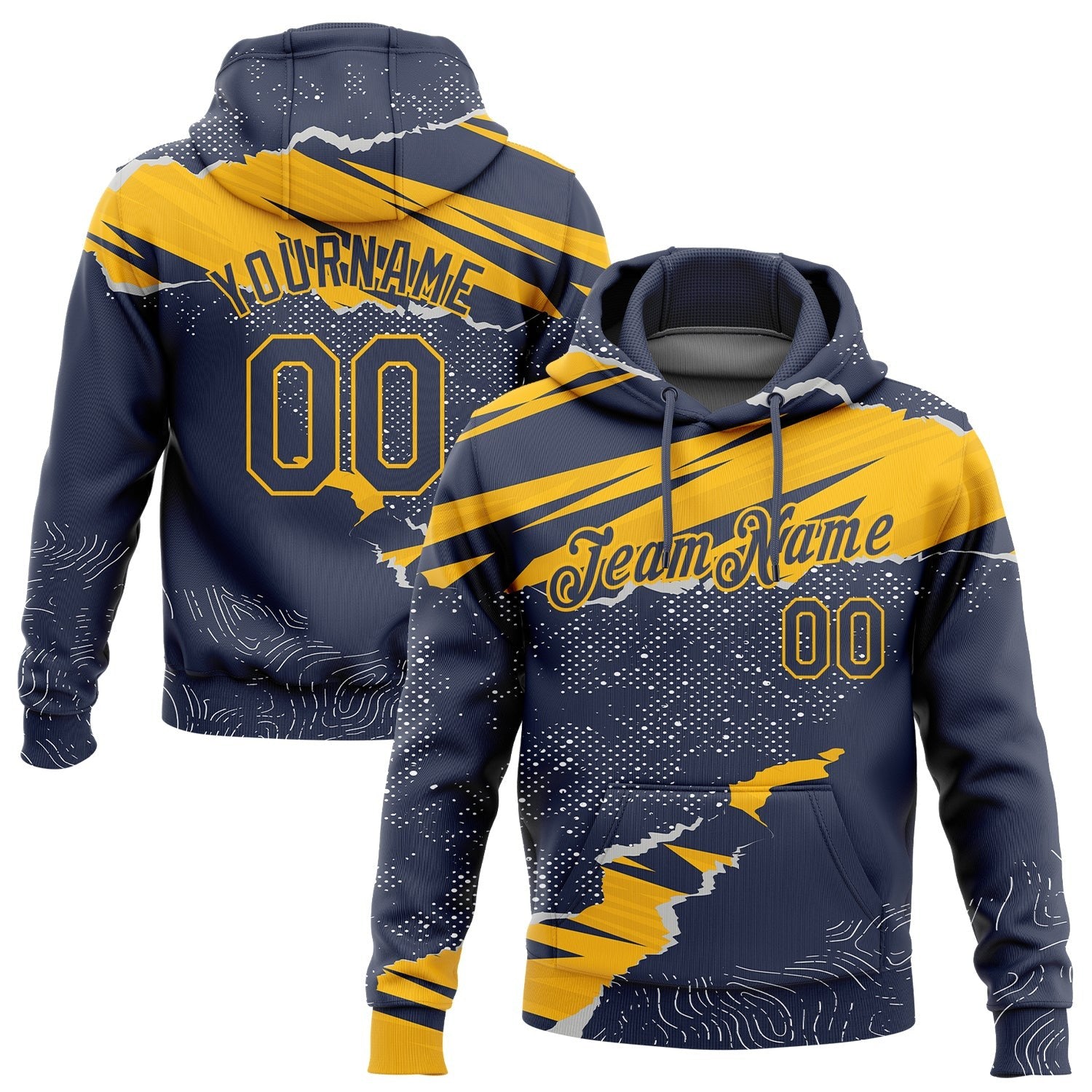 Custom Stitched Navy Gold 3D Pattern Design Torn Paper Style Sports Pullover Sweatshirt Hoodie photo 1