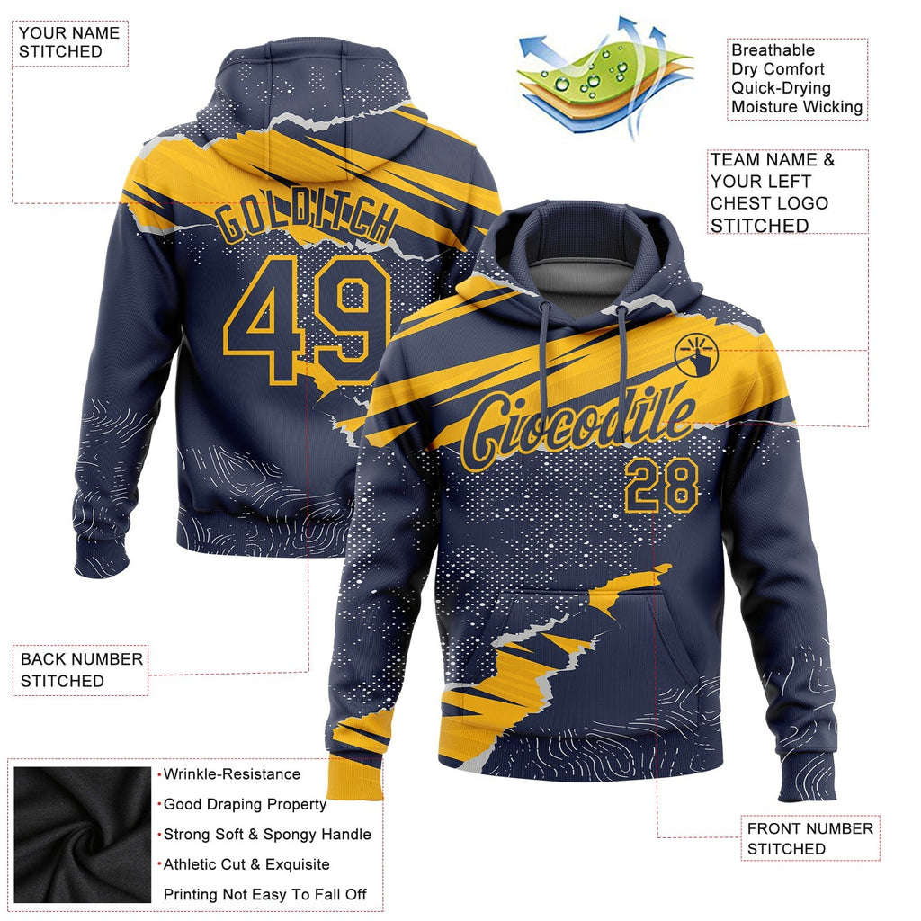 Custom Stitched Navy Gold 3D Pattern Design Torn Paper Style Sports Pullover Sweatshirt Hoodie photo 2