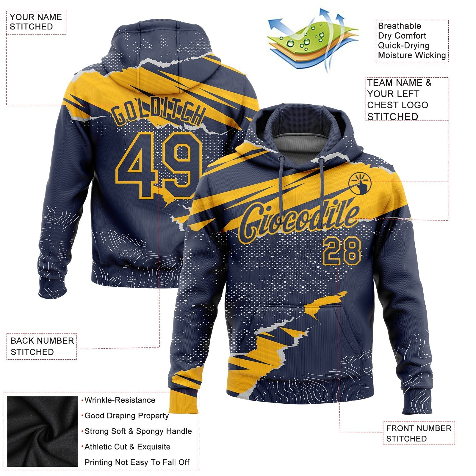 Custom Stitched Navy Gold 3D Pattern Design Torn Paper Style Sports Pullover Sweatshirt Hoodie photo 2