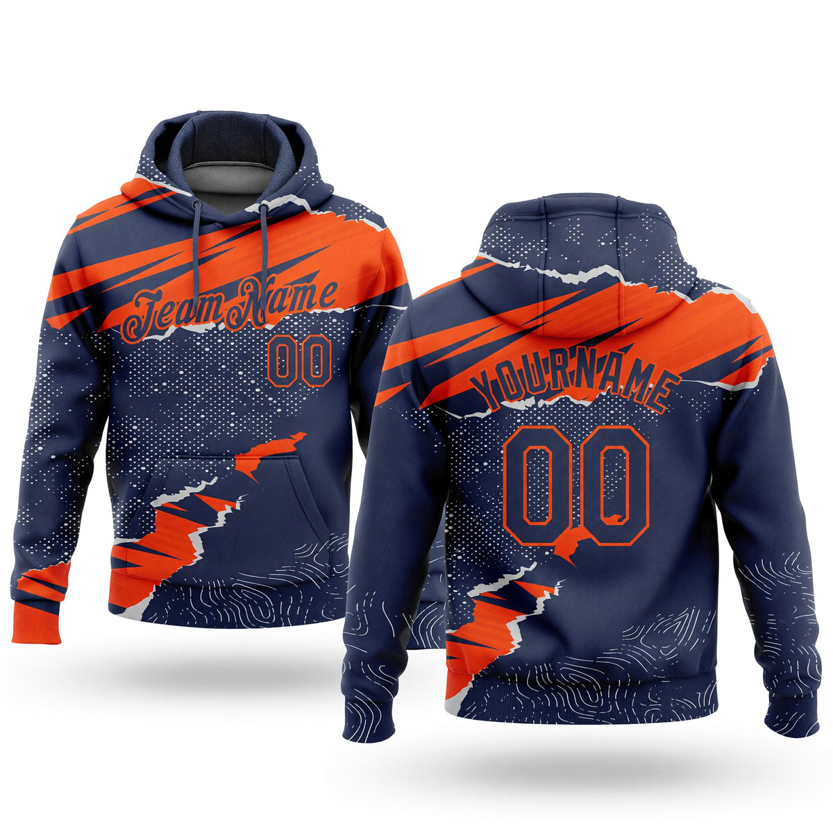 Custom Stitched Navy Orange 3D Pattern Design Torn Paper Style Sports Pullover Sweatshirt Hoodie