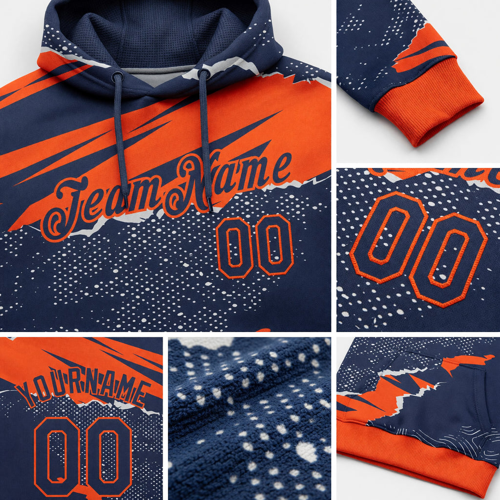 Custom Stitched Navy Orange 3D Pattern Design Torn Paper Style Sports Pullover Sweatshirt Hoodie detail