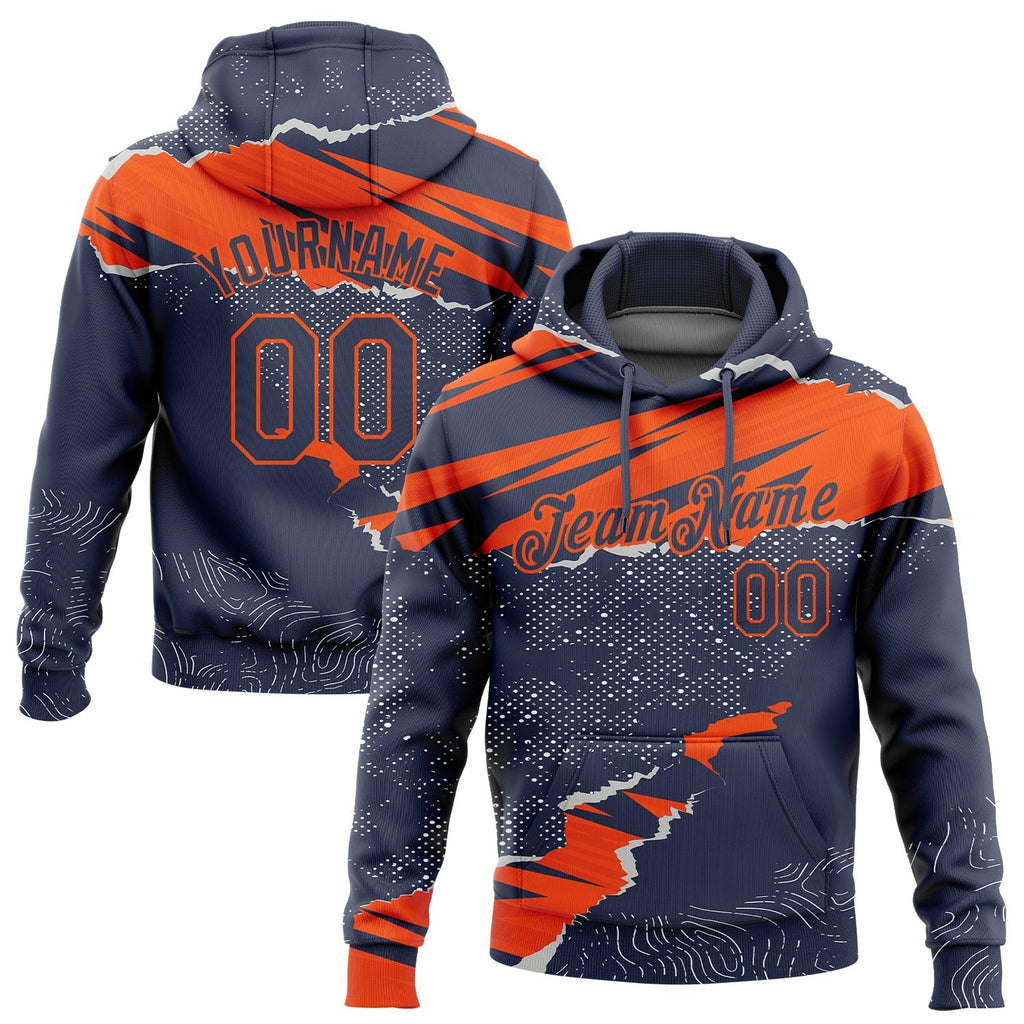 Custom Stitched Navy Orange 3D Pattern Design Torn Paper Style Sports Pullover Sweatshirt Hoodie photo 1