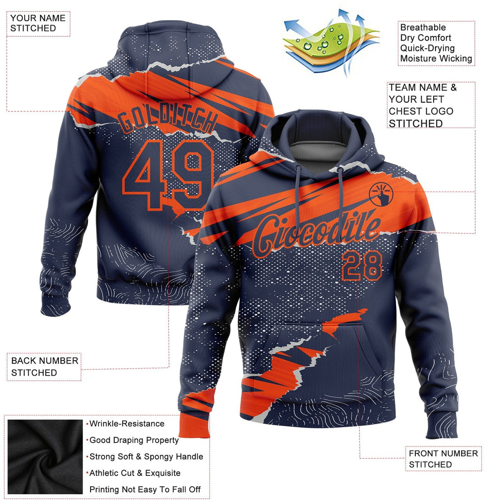 Custom Stitched Navy Orange 3D Pattern Design Torn Paper Style Sports Pullover Sweatshirt Hoodie photo 2