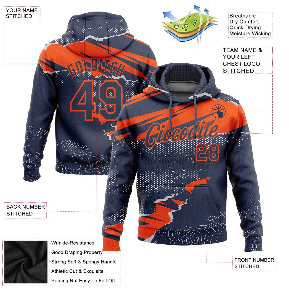 Custom Stitched Navy Orange 3D Pattern Design Torn Paper Style Sports Pullover Sweatshirt Hoodie photo 2