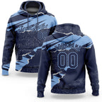 Custom Stitched Navy Light Blue 3D Pattern Design Torn Paper Style Sports Pullover Sweatshirt Hoodie
