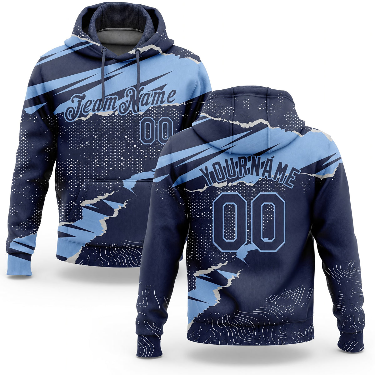 Custom Stitched Navy Light Blue 3D Pattern Design Torn Paper Style Sports Pullover Sweatshirt Hoodie