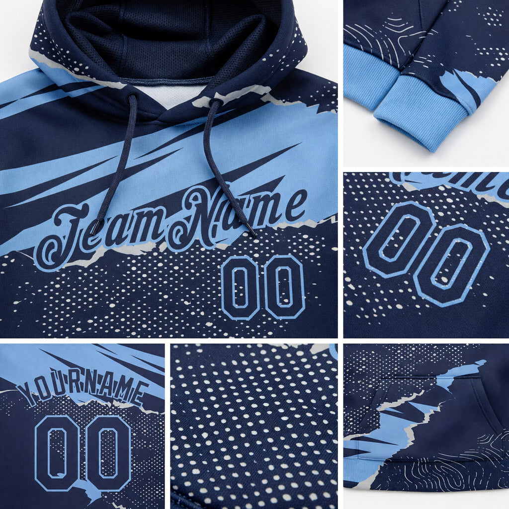 Custom Stitched Navy Light Blue 3D Pattern Design Torn Paper Style Sports Pullover Sweatshirt Hoodie detail