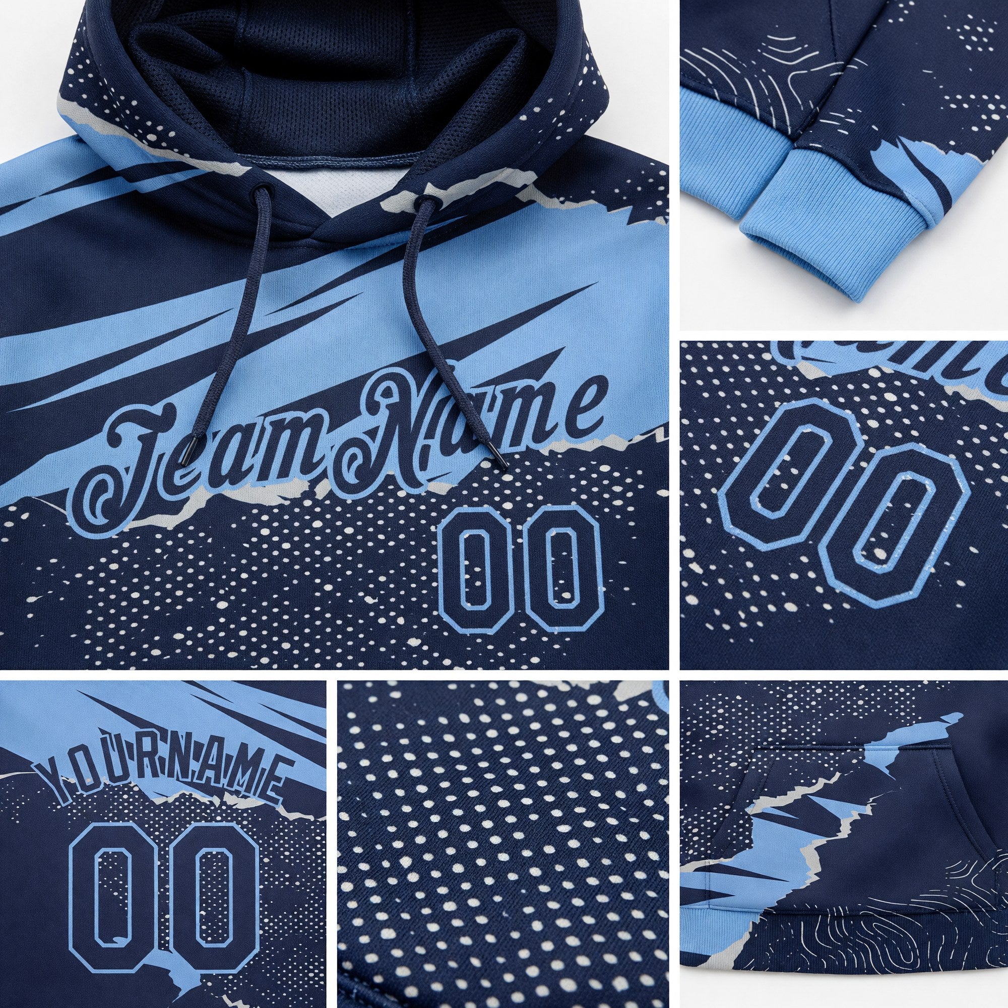 Custom Stitched Navy Light Blue 3D Pattern Design Torn Paper Style Sports Pullover Sweatshirt Hoodie detail