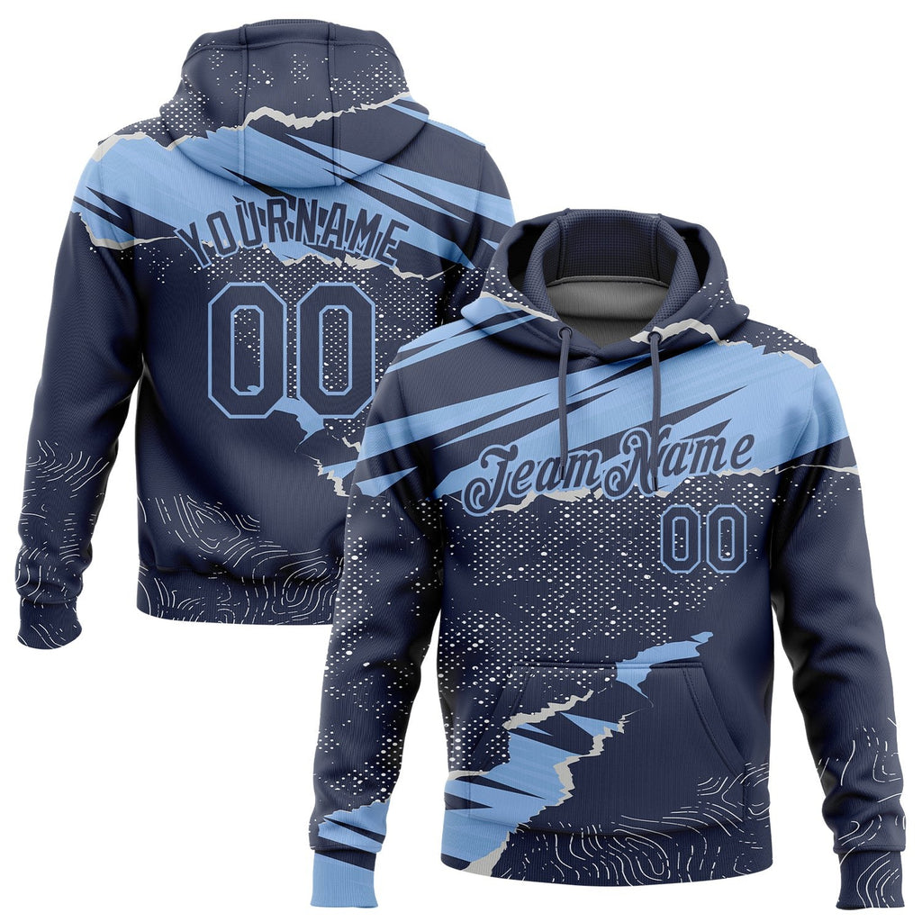 Custom Stitched Navy Light Blue 3D Pattern Design Torn Paper Style Sports Pullover Sweatshirt Hoodie photo 1