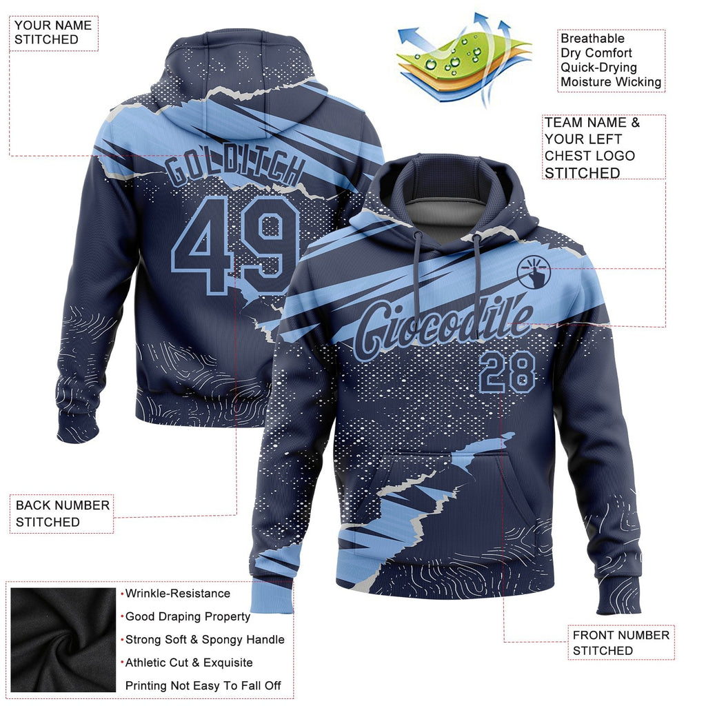 Custom Stitched Navy Light Blue 3D Pattern Design Torn Paper Style Sports Pullover Sweatshirt Hoodie photo 2