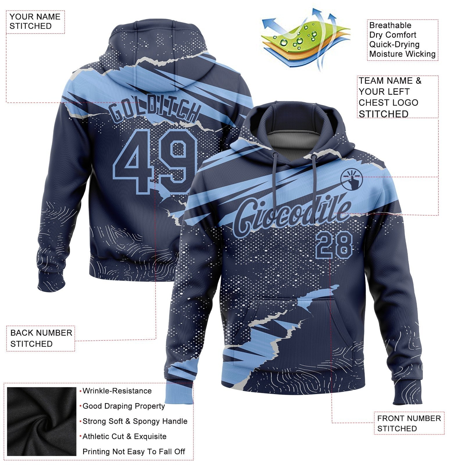 Custom Stitched Navy Light Blue 3D Pattern Design Torn Paper Style Sports Pullover Sweatshirt Hoodie photo 2